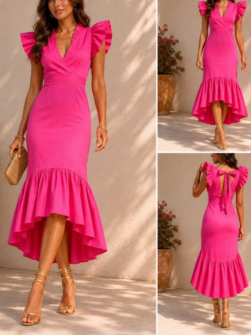 Hot Pink Flutter-Sleeve High-Low Dress